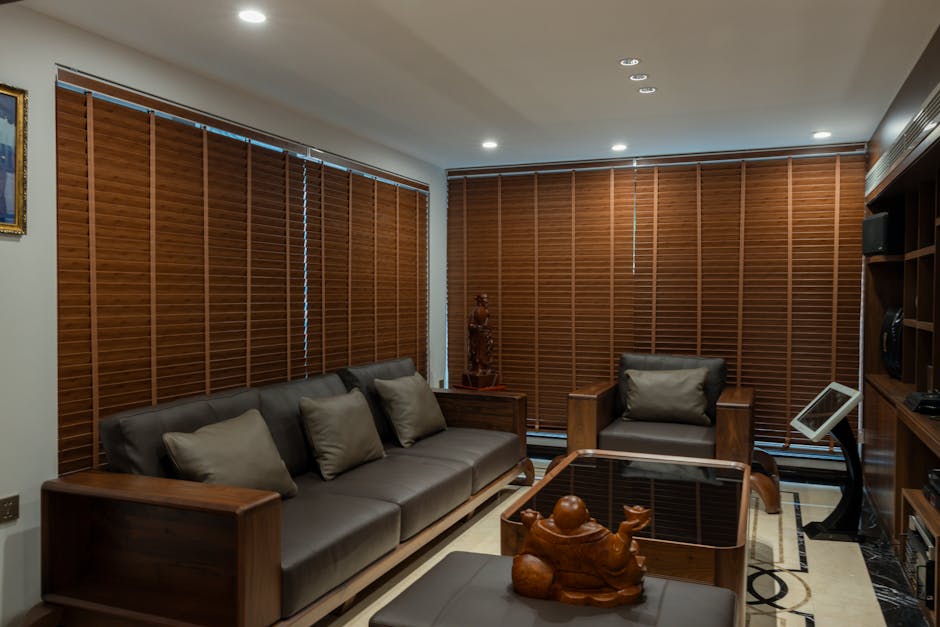 Modern living room showcasing elegant custom window blinds